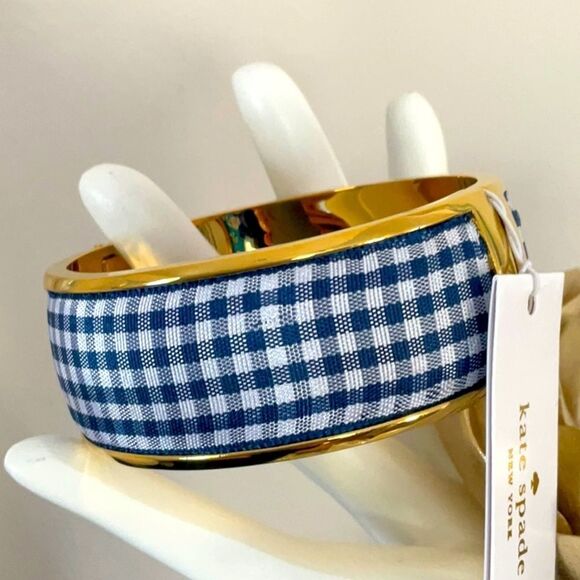 KATE SPADE NWT BANGLE BRACELET NAVY WHITE CHECK SET SAIL WITH DUST BAG - Picture 1 of 10